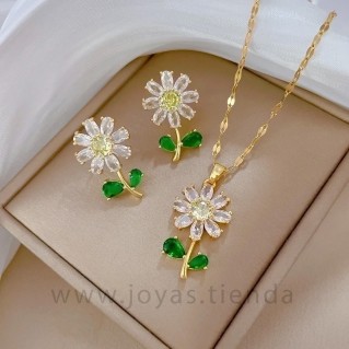 Conjunto Collar y Pendientes Flor Transparente y Verde