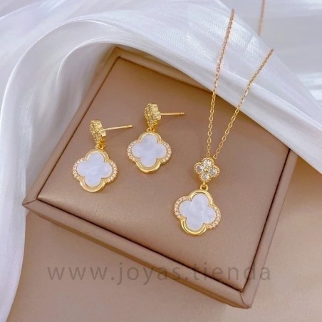 Conjunto Colgante y Pendientes Trébol de la Suerte Dorado y Blanco
