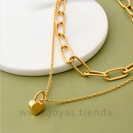 Cadena Doble con Colgante Corazón con Candado