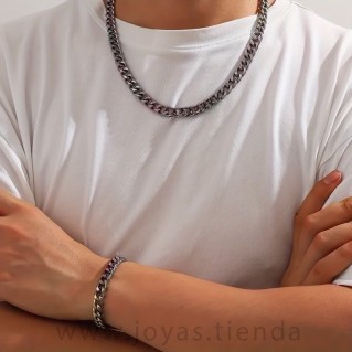 Conjunto Cadena Pulsera Acero Negro Iridiscente en modelo