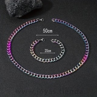 Conjunto Cadena Pulsera Acero Negro Iridiscente medidas