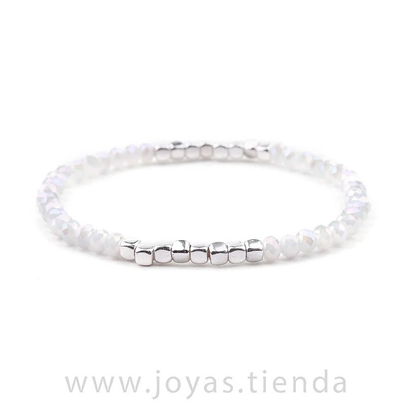 Pulsera Cristal Cuentas Blanca y Plata