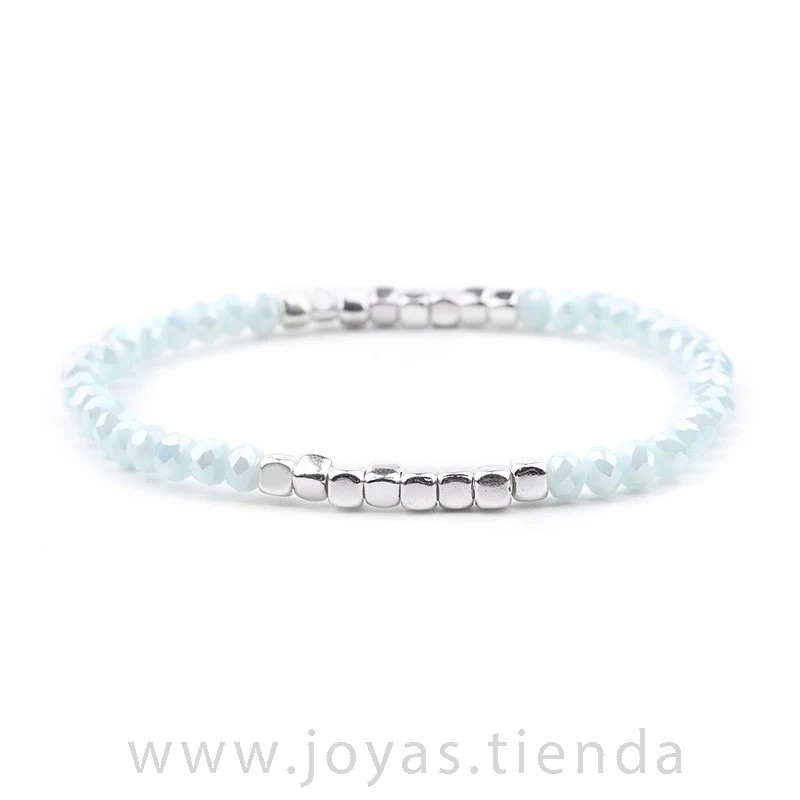 Pulsera Cristal Cuentas Azul Claro y Plateado