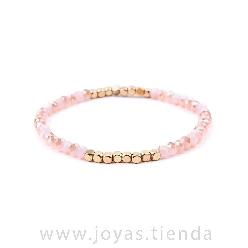 Pulsera Cristal Cuentas Rosa y Dorado