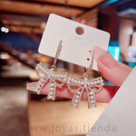 Pendientes Lazo con Perlas Dorados
