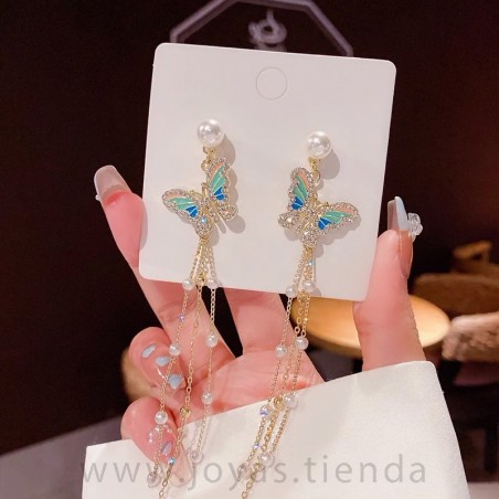 Pendientes Mariposa de Colores y Perlas Dorados