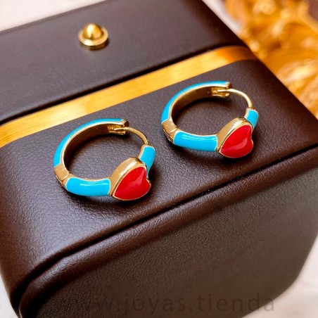 Pendientes Aro Corazón Rojo Esmaltado
