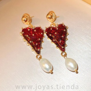 Pendientes Corazón Perla Rojo Escarlata