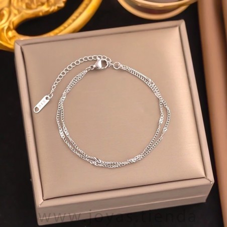 Pulsera Doble Cadena Fina Plateada