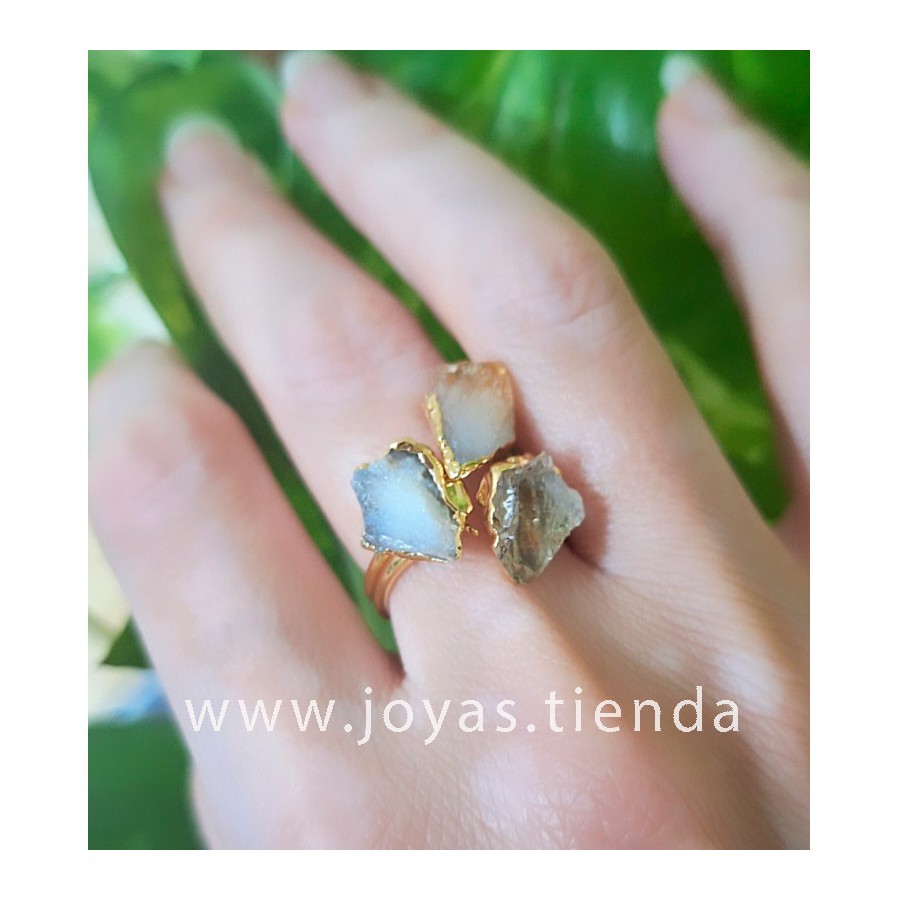 Anillo Color Oro  Tres Cuarzos Unique