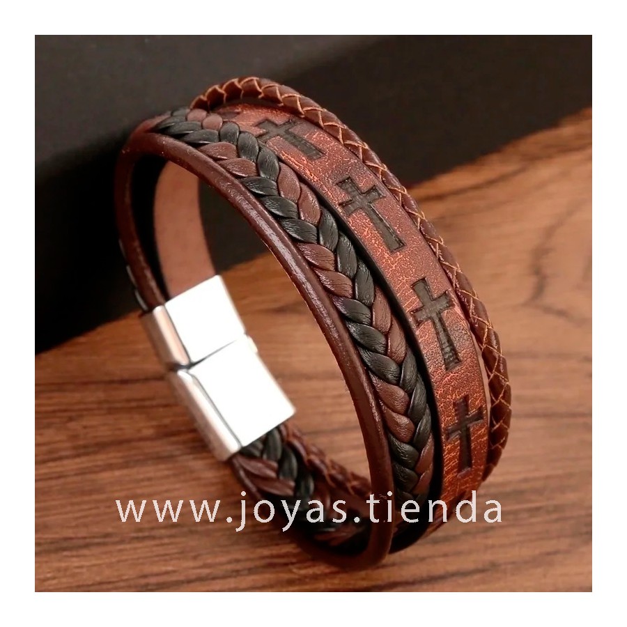 Pulsera Cuero Marrón Cruz