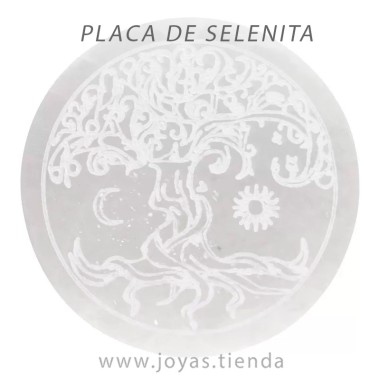 Placa Circular de Selenita Sol y Luna Árbol de la Vida