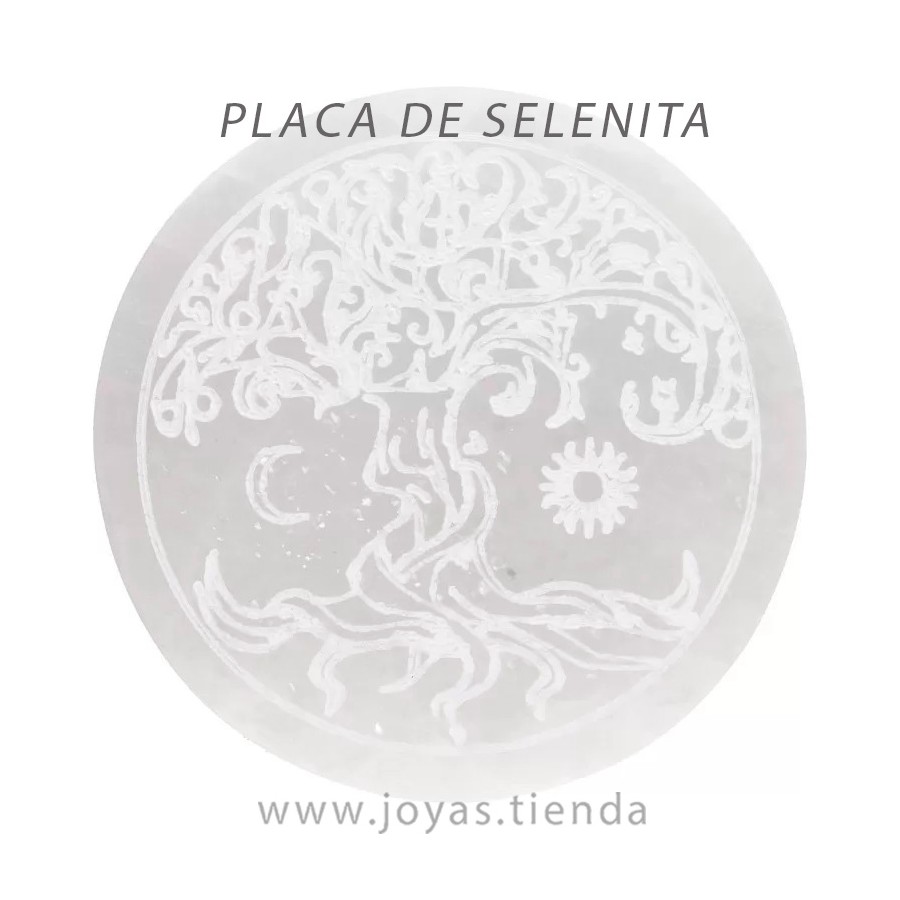 Placa Circular de Selenita Sol y Luna Árbol de la Vida