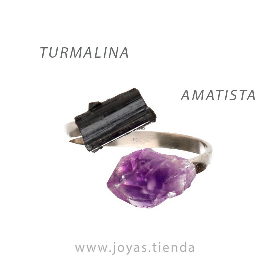 Anillo de Turmalina y Amatista en Bruto de Plata