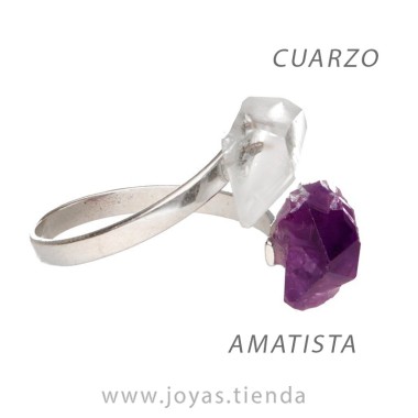 Anillo de Amatista y Cuarzo en Bruto de Plata Tumbado