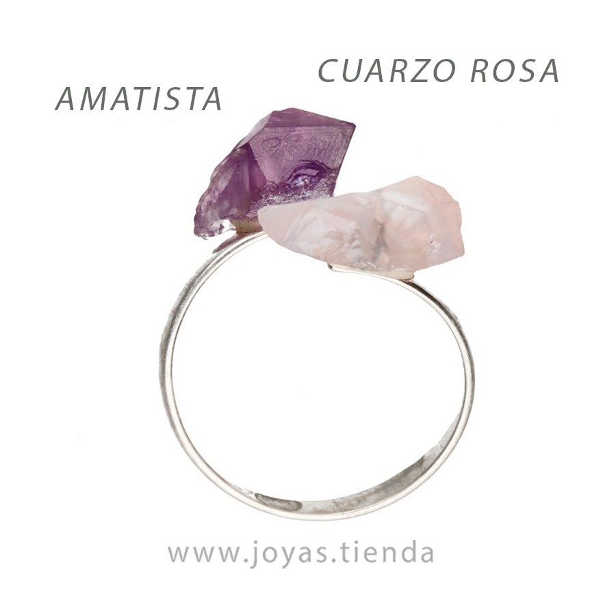 Anillo de Plata con Amatista y Cuarzo Rosa en Bruto
