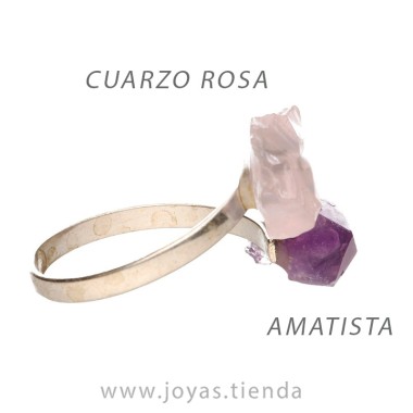 Anillo de Plata con Amatista y Cuarzo Rosa en Bruto tumbado