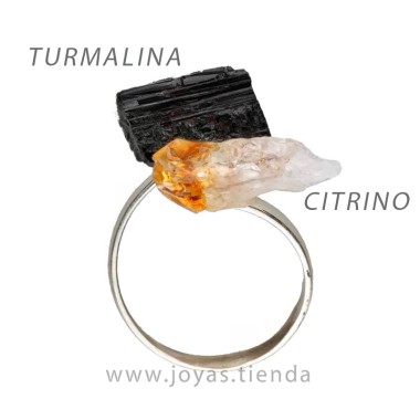 Anillo de Plata con Citrino y Turmalina en Bruto