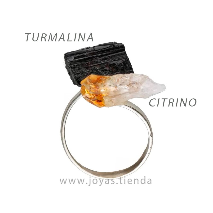 Anillo de Plata con Citrino y Turmalina en Bruto