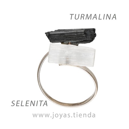 Anillo de Plata con Turmalina y Selenita en Bruto