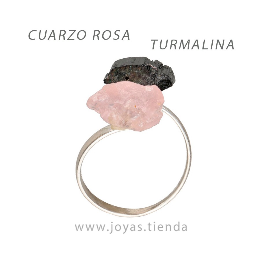 Anillo de Plata con Turmalina y Cuarzo Rosa en Bruto