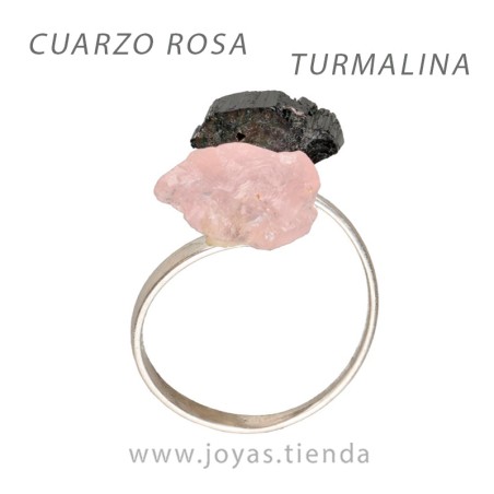 Anillo de Plata con Turmalina y Cuarzo Rosa en Bruto