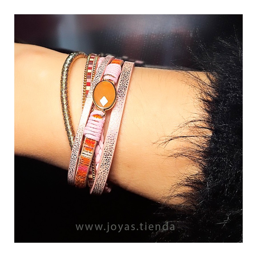 Pulsera Rosa Efecto Cuero Piedra Sintética