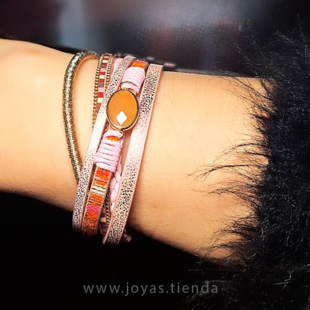 Pulsera Rosa Efecto Cuero Piedra Sintética